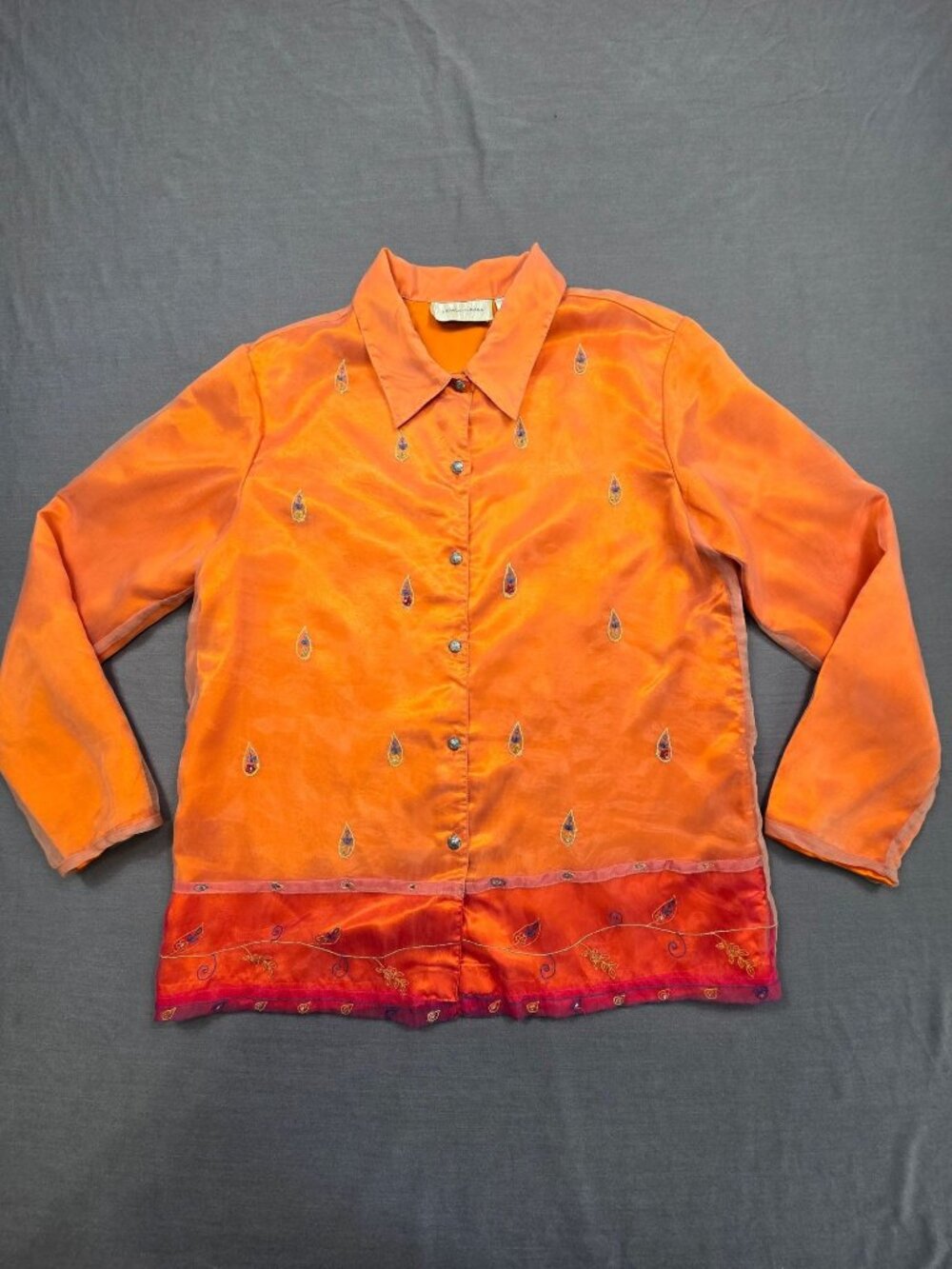 Lemon Grass Small Button Up Top Orange Embroidered Shirt